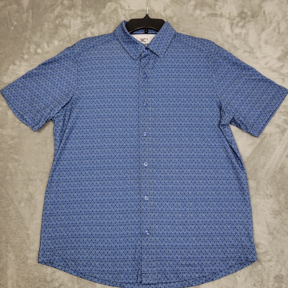 Johnston & Murphy Men's Medium Blue Geometric Print Polyester Button Up Shirt‎